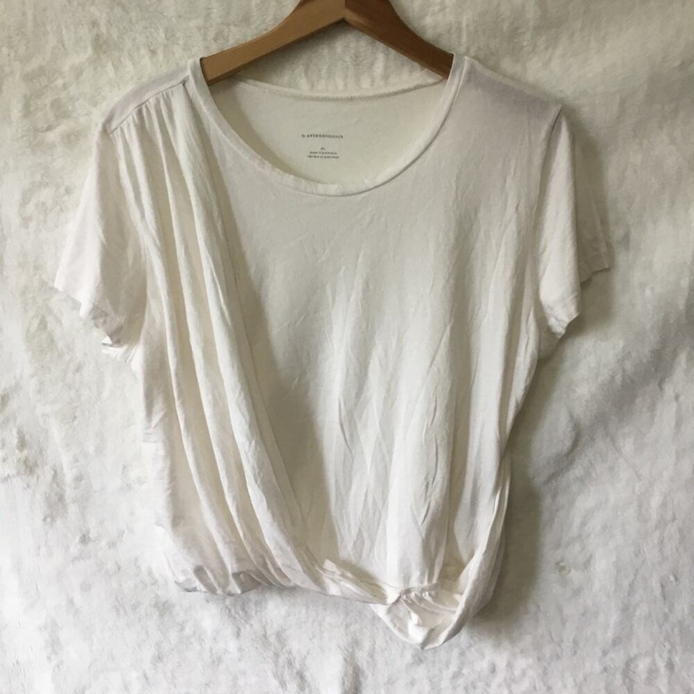 Anthropologie White Draped Short-Sleeve Crop T-Shirt